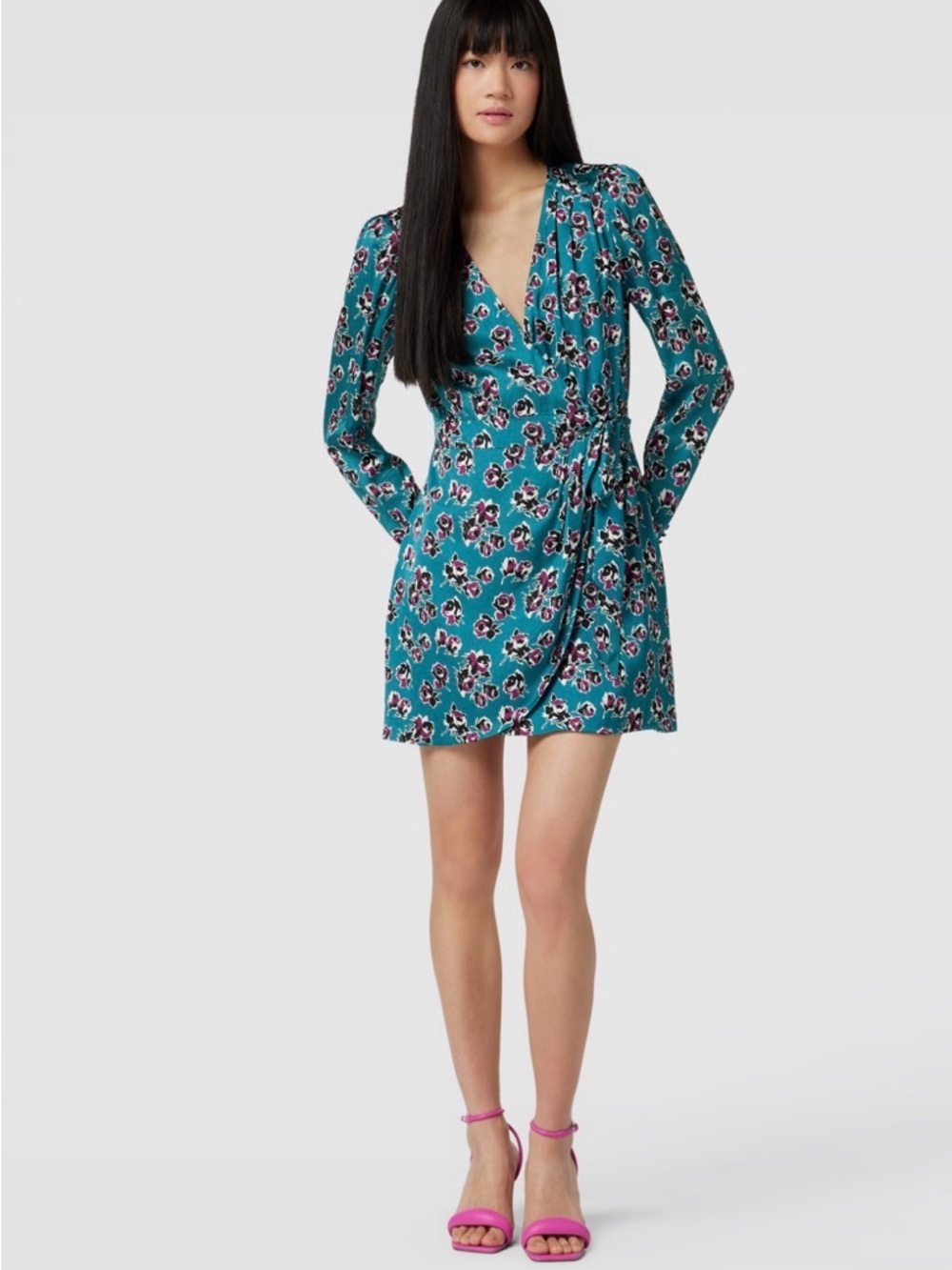 The Kooples Teal Floral Wrap Mini Dress